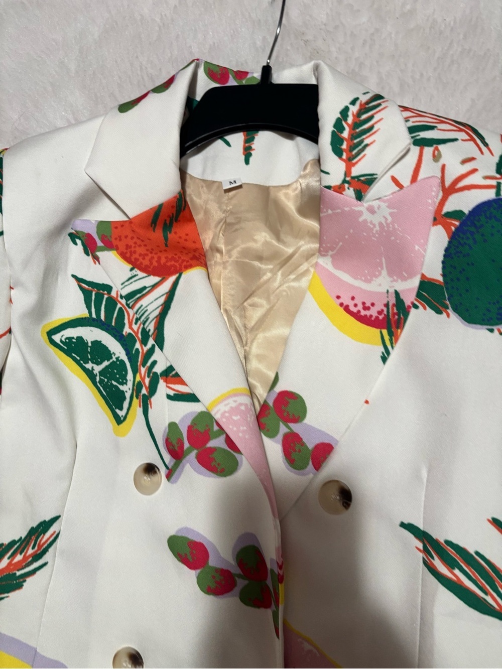 SHEIN White Double-Breasted Tropical Fruit Print Blazer - Picture 5 of 10